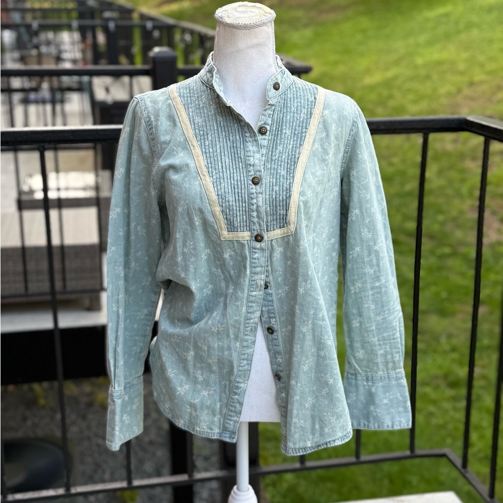 Free People Hillside Chambray Denim Bibbed Pintuck Button-up Blouse Small
